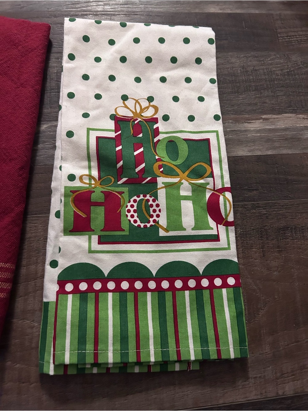 Free w purchase Ho Ho Ho" holiday graphic design. Kitchen Towel
